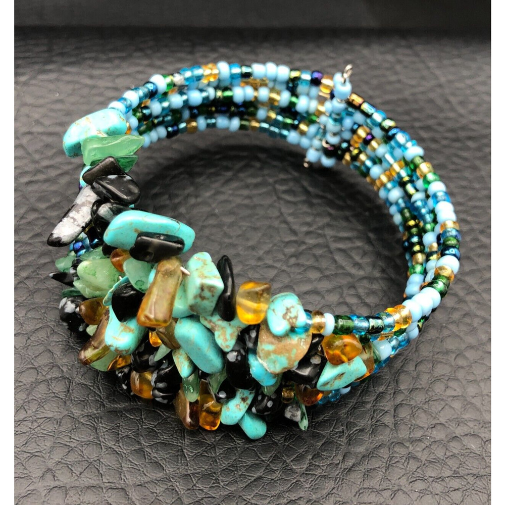 Gemstone Bracelet 7inch Mixed Malachite‎ Quartz Glass Seed Bead Sizable Cuff